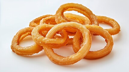 Golden, crispy onion rings piled high on a white background.