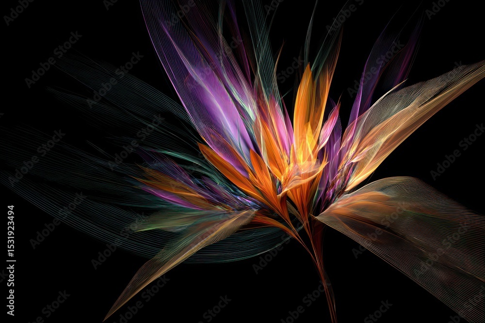 Poster Exotic multicolored flora visualized with abstract design against a dark background using advanced tech.