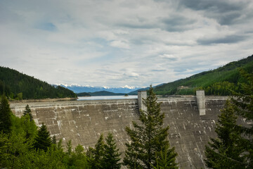 Hungry Horse dam and reservoir in the Flathead valley of northwestern Montana. The dam is one of the highest in the US and the reservoir is 34 miles long with 170 miles of shoreline