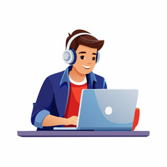 Focused teenage boy working on laptop wearing headphones, sitting indoors and concentrating deeply, modern vector art depicting study and tech use.