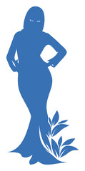 Elegant Silhouette of a Woman in Blue with Leaf Design Elements