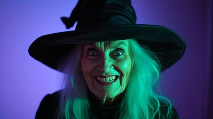 Elderly woman in witch costume, lit by eerie green light, smiles creepily for a spooky halloween vibe. Perfect for horror or supernatural themes