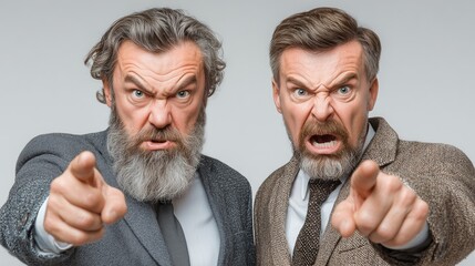 Two men angrily pointing fingers at each other on a white background, high tension, emotional conflict scene