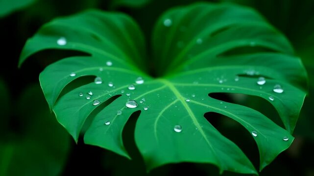 monstera green leaf with water drops