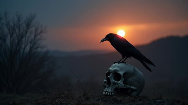 Raven perched on a skull at dusk in a dark, eerie landscape