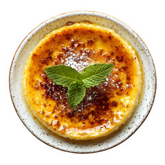 Crème brûlée dessert with caramelized sugar and mint isolated on transparent background