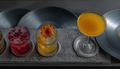 Colorful cocktails on a rustic bar
