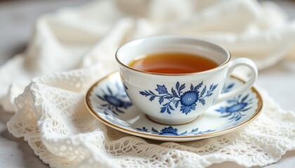 Elegant porcelain cup with floral pattern filled with tea on lace 