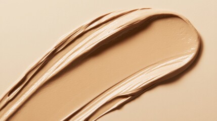 A close-up of two streaks of creamy beige foundation on an isolated, neutral background, emphasizing the texture and color tone for beauty product photography.