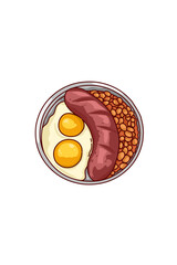 Breakfast of red bean sausage and fried egg on a plate on a white background