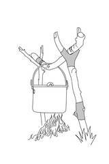 Line art drawing Cooking pot over outdoor fire while camping