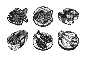 silhouette of Japanese food set bundle on the white background 