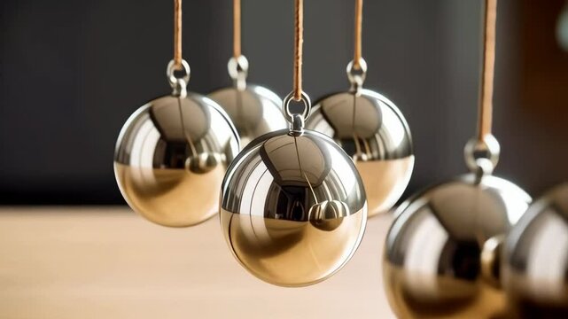 Kinetic energy concept featuring a Newtons cradle with silver metallic spheres hanging from thin brown cords demonstrating momentum and physics principles