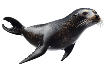 A small, round, wet, brownish-black seal with a white belly, floating in the air against a transparent background