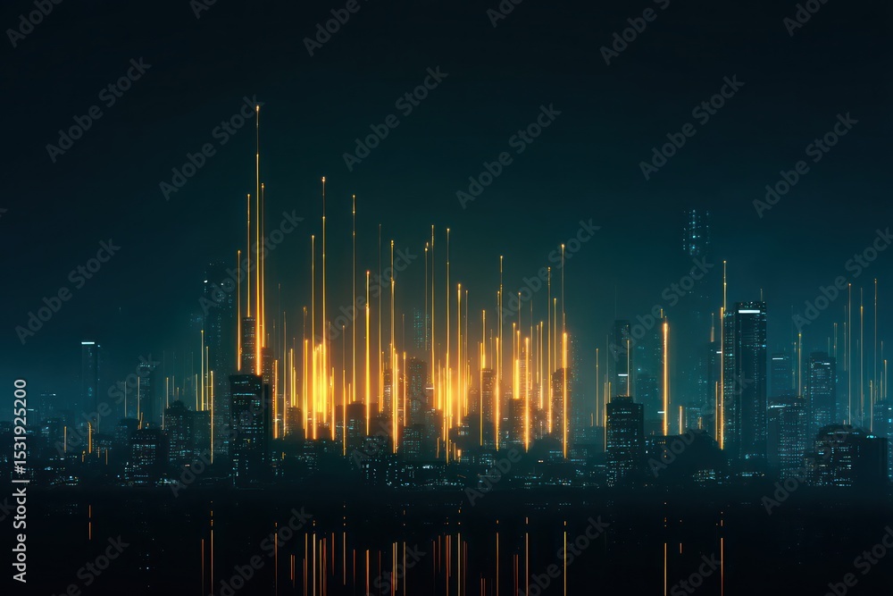 Poster neon-lit digital cityscape filled with glowing data streams creating a dynamic urban environment.
