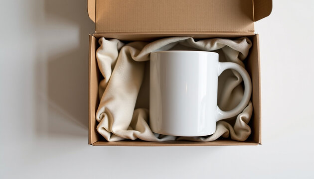 White ceramic mug is elegantly placed inside gift box, surrounded by soft fabric, creating perfect presentation for any occasion - Powered by Adobe