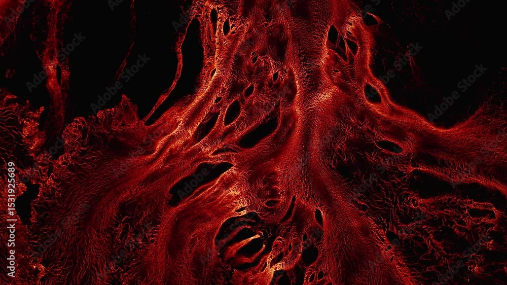 Poster glowing lava forms tangled tunnel shapes across the volcanic ground. captured from above at night, t
