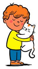 Cheerful Boy Embracing Cat in Flat Vector Style Illustration