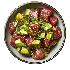 Fresh tuna poke bowl plate with diced avocado isolated on transparent background