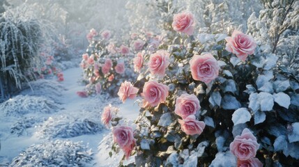 Snowy garden with delicate pink roses.