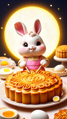 A cute white rabbit makes a 3D illustration of a mooncake with a yellow full moon background