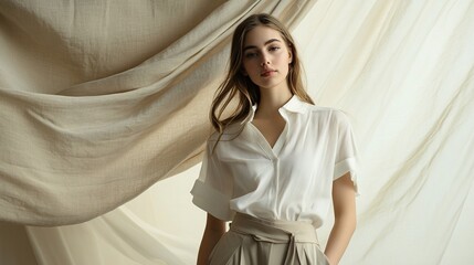 A young woman with long brown hair is wearing a white button-down shirt with short sleeves, tucked into beige high-waisted pants. She stands against a 
