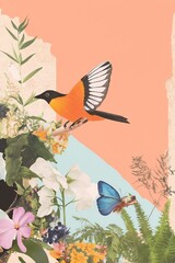 Hummingbird and flowers illustration on pastel