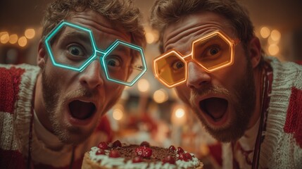 Two men in light-up Eid shoes and funky geometric glasses playfully fighting over a dessert plate on a warm blurred background