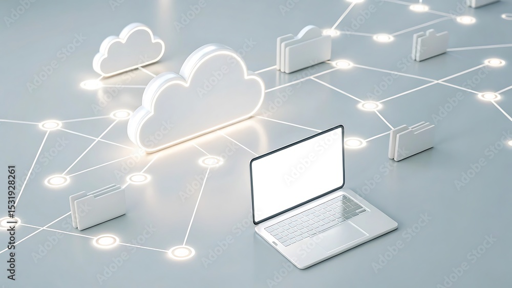 Poster cloud computing concept illustration with interconnected data and a laptop showcasing data storage
