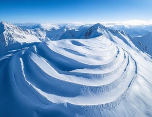 A snow-covered mountain range with an aerial view of the massive circular snow track, stretching across its surface like white waves under clear blue skies.