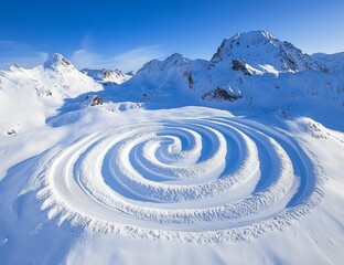 A snow-covered mountain range with an aerial view of the massive circular snow track, stretching across its surface like white waves under clear blue skies.
