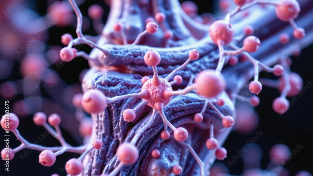 Poster abstract molecular structure with pink nodes and branches.