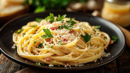 A plate of spaghetti carbonara with a creamy sauce, topped with grated cheese, chopped parsley, and a few pieces of bacon