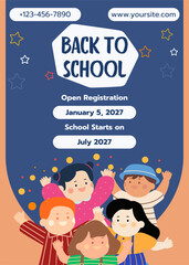 Back to school concept cover template. Vector flyer, banner, poster, wallpaper, print, background design with happy students. Studying, education, learning, back to school, stationery.