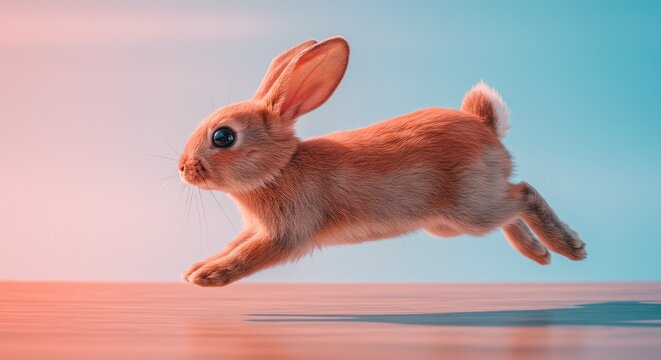 A digital illustration of a small, light brown rabbit in mid-flight against a soft, pastel gradient background