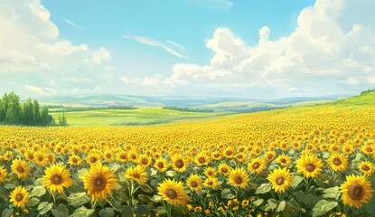 A vast field of sunflowers, with rows upon rows stretching as far as the eye can see under clear blue skies. The vibrant yellow flowers stand out against the bright sky and green fields below