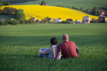 Couple enjoying gorgeous rural landscape in South Moravia region, Czech Republic
