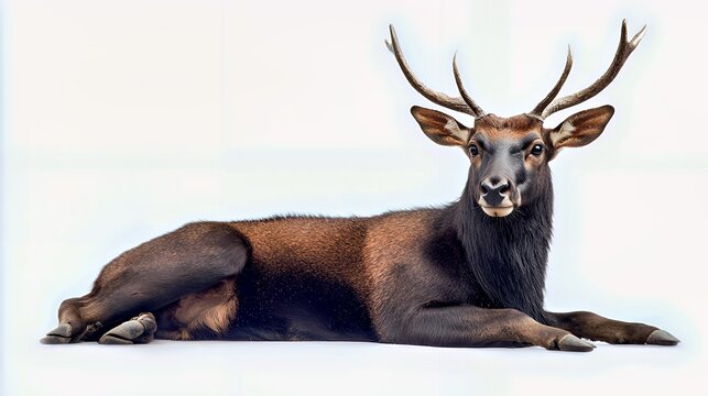 A majestic male deer resting calmly, showcasing its impressive antlers.