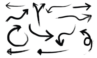 Brush Charcoal arrows vector icons set. Hand drawn freehand different curved lines, swirls arrows. Doodle marker drawing, black chalk smears.