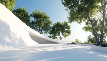 A white concrete wall with curved lines and trees on the right side, a clear sky background