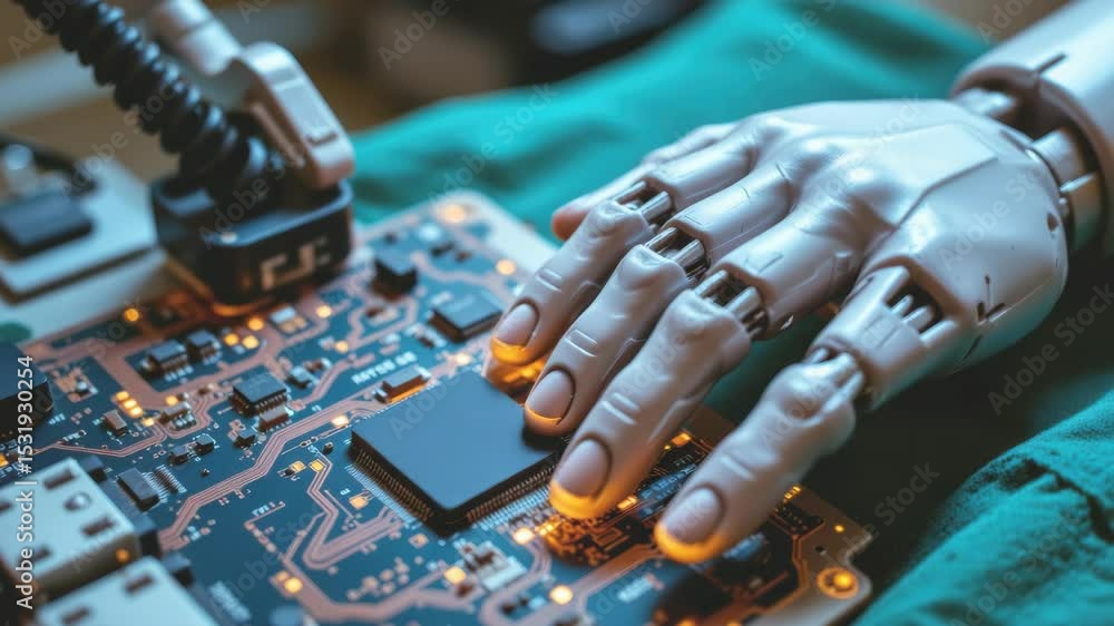 Poster robotic hand interacting with a circuit board technology.