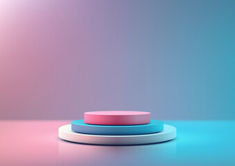 vibrant 3d stack of circular podiums white blue pink on reflective surface modern product display mockup showcase