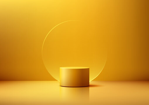 sleek yellow podium stand for product display mockup on golden background 3d cylindrical elegant presentation stage showcase