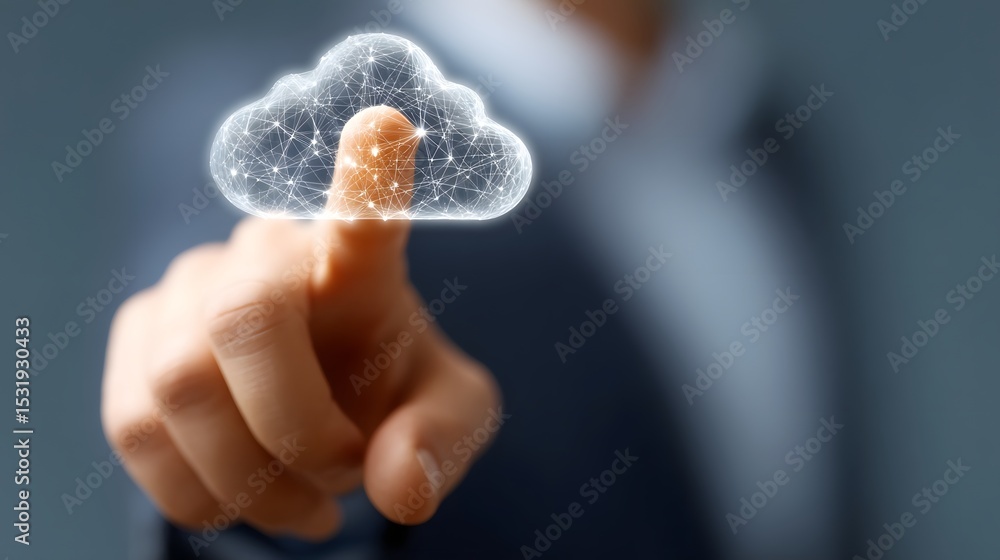 Poster businessman touching a cloud computing icon representing digital network connection
