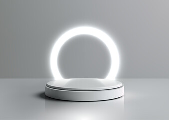 Minimalist 3D white podium with glowing neon ring, perfect for product display and abstract presentations
