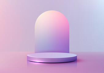 modern minimalist 3D circular podium on a reflective surface, backed arched against a beautiful gradient of pink, purple, and blue. product displays, mockups