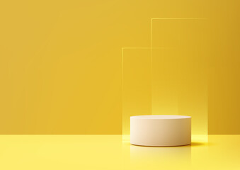 3d beige cylindrical podium on yellow reflective surface minimalist product showcase mockup modern display stand