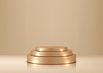 Gold Podium Product Display, Elegant 3D Circular Stand for Luxury Showcases and Awards on Warm Brown Background