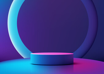 futuristic blue cylindrical podium with glowing pink top minimalist technology mockup 3d showcase