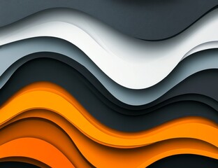 Abstract background with layered paper wavy shapes in dark gray, orange, and white colors